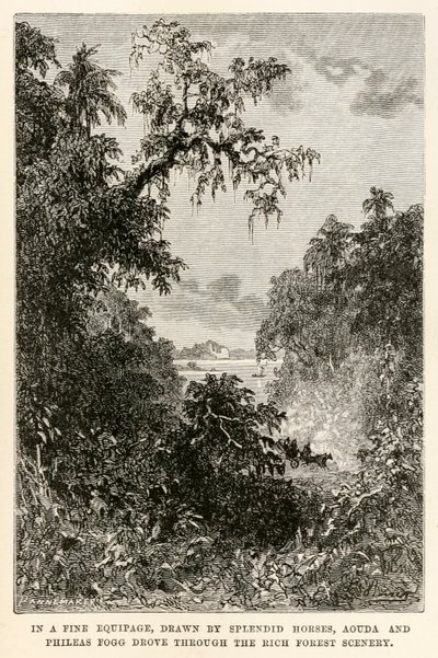 I et fint udstyr, tegnet af pragtfulde heste, kørte Aouda og Phileas Fogg gennem det rige skovlandskab, fra Jorden rundt på firs dage af Jules Verne (1828-1905) graveret af Henri-Théophile af Hippolyte Leon after Benett