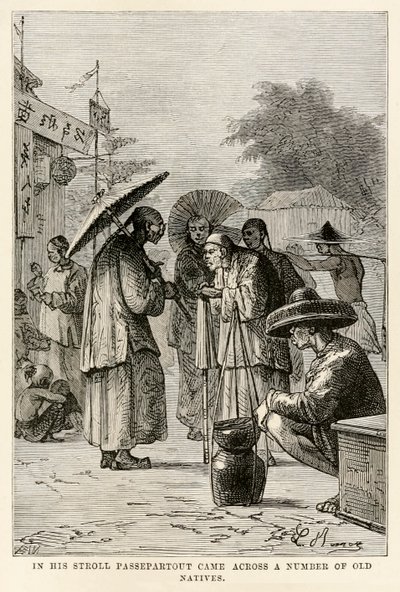 I sin spadseretur stødte Passepartout på en række gamle indfødte, fra Jorden rundt på firs dage af Jules Verne (1828-1905), indgraveret af Adolphe François Pannemaker (1822-1900), 1873 af Hippolyte Leon after Benett