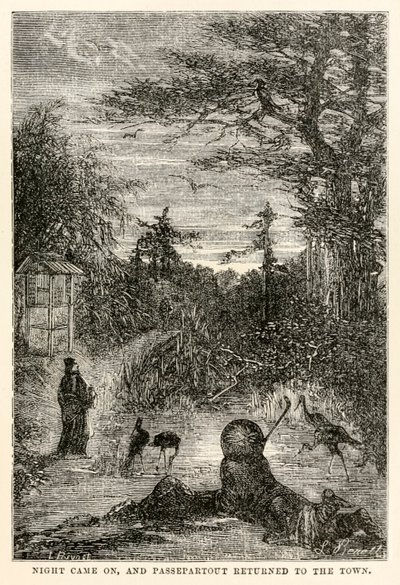 Natten kom, og Passepartout vendte tilbage til byen, fra Jorden rundt på firs dage af Jules Verne (1828-1905), indgraveret af Louis Prevost, 1873 af Hippolyte Leon after Benett