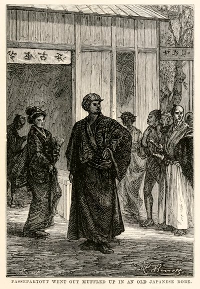 Passepartout gik ud, indhyllet i en gammel japansk kåbe, fra Jorden rundt i 80 dage af Jules Verne (1828-1905), graveret af Louis Prevost, 1873 af Hippolyte Leon after Benett