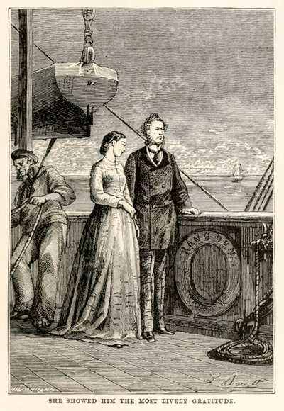 Hun viste ham den mest livlige taknemmelighed, fra Jorden rundt på firs dage af Jules Verne (1828-1905) indgraveret af Henri-Théophile Hildebrand (1824-97), 1873 af Hippolyte Leon after Benett