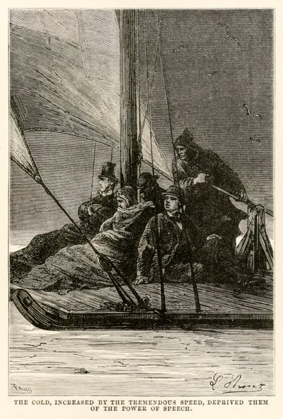 Kulden, øget med den enorme hastighed, fratog dem talens magt, fra Jorden rundt på firs dage af Jules Verne (1828-1905) indgraveret af Adolphe François Pannemaker (1822-1900), af Hippolyte Leon after Benett