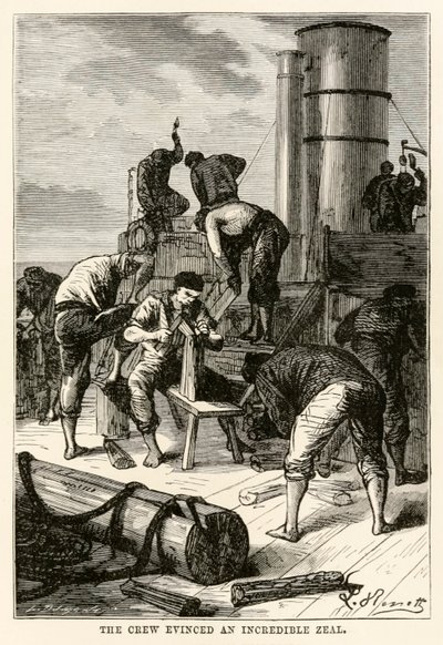 Besætningen udviste en utrolig iver fra Jorden rundt på firs dage af Jules Verne (1828-1905) indgraveret af Louis Dumont (f.1822), 1873 af Hippolyte Leon after Benett