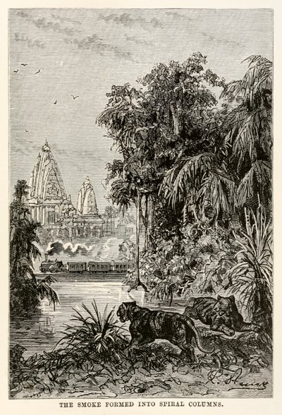 Røgen dannede sig til spiralsøjler, fra Around the World in Eighty Days af Jules Verne (1828-1905), 1873 af Hippolyte Leon after Benett