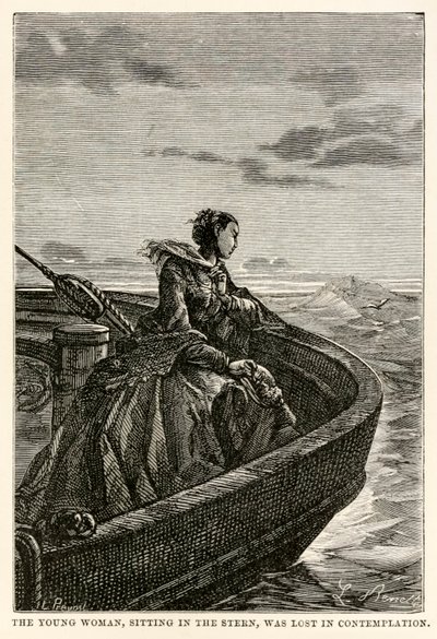 Den unge kvinde, der sad i agterstavnen, gik tabt i kontemplation, fra Jorden rundt på firs dage af Jules Verne (1828-1905), indgraveret af Jean Louis Prevost, (1790-1850), 1873 af Hippolyte Leon after Benett