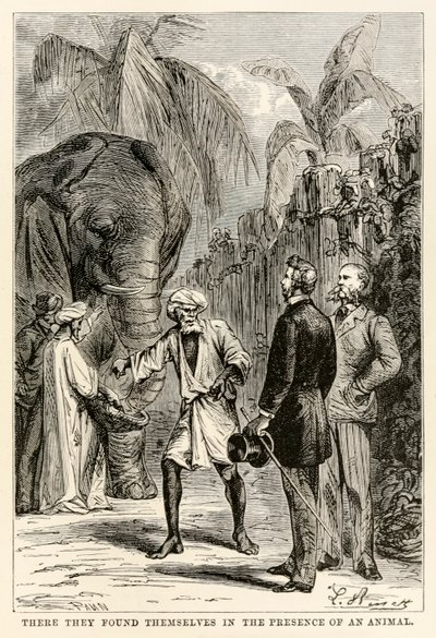 Der befandt de sig i nærværelse af et dyr, fra Jorden rundt på firs dage af Jules Verne (1828-1905), indgraveret af Adolphe François Pannemaker (1822-1900), 1873 af Hippolyte Leon after Benett