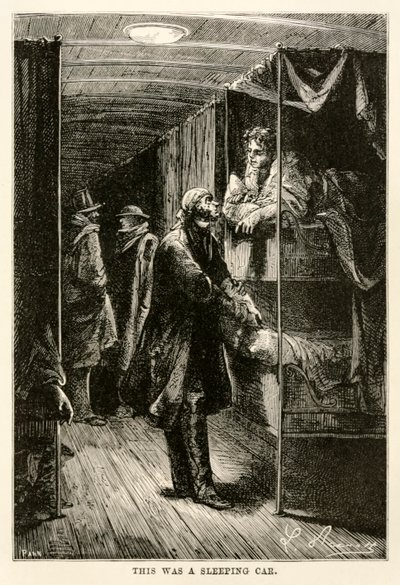 Dette var en sovevogn, fra Jorden rundt i 80 dage af Jules Verne (1828-1905), graveret af Adolphe François Pannemaker (1822-1900), 1873 af Hippolyte Leon after Benett