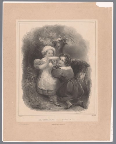 To børn med en ged drikker gedemælk La Campagne / Land (titel på objekt) af Hippolyte Louis Garnier