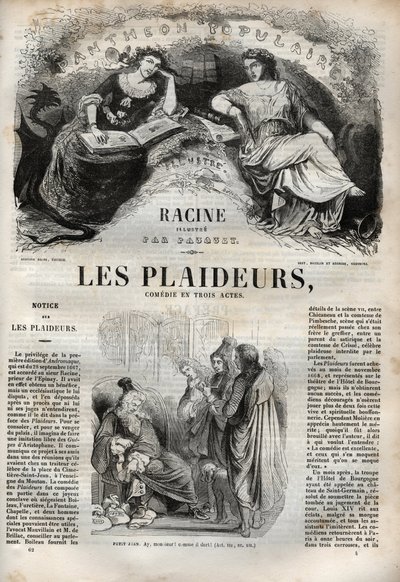 Les Plaideurs (1668) komedie i tre akter - indgravering i "" Værker af Jean Racine"" illustreret af Pauquet og opslag af Emile de La Bedolliere - 1851 af Hippolyte Louis Pauquet
