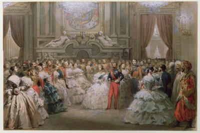 Dronning Victoria (1819-1901) og Prins Albert (1819-61) ved en gallamiddag givet af Napoleon III og Eugenie, 1853 (wc på papir) af Hippolyte Louis Pauquet