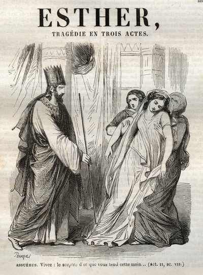 Scene fra Esther, tragedie af Jean Racine (1639Ð1699) - indgravering i "" Works of Jean Racine"" illustreret af Pauquet og opslag af Emile de La Bedolliere - 1851 af Hippolyte Louis Pauquet