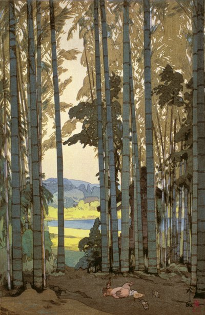 Høns i bambustræ (farvet træbloktryk) af Hiroshi Yoshida