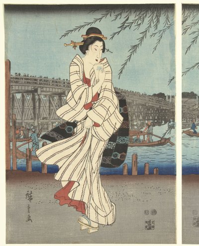Berømte steder i den østlige hovedstad: Nyd en aftenbrise ved Ryogoku-broen af Hiroshige (I) , Utagawa