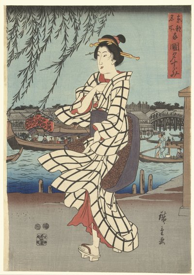 Berømte steder i den østlige hovedstad: Nyd en aftenbrise ved Ryogoku-broen Toto meisho Ryogoku no yusuzumi (titel på objekt) af Hiroshige (I) , Utagawa