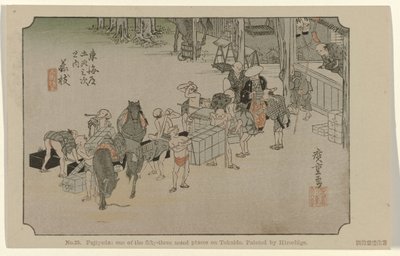 Fujieda Nr. 23. Fujiyeda: ud af de treoghalvtreds bemærkede steder på Tokaido, malet af Hiroshige (titel på objektet) De Tôkaidô van Hiroshige (serietitel) Hiroshige no fude Tôkaidô (serietitel på objekt) af Hiroshige (I) , Utagawa