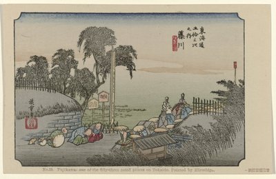 Fujikawa No. 38. Fujikawa: one of the fifty-three noted places on Tokaido, painted by Hiroshige (title on object) De Tôkaidô van Hiroshige (series title) Hiroshige no fude Tôkaidô (series title on object) af Hiroshige (I) , Utagawa