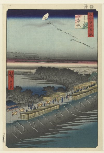 Udsigt over Nihonddijk ved Yoshiwara Yoshiwara Nihonzutsumi (titel på objekt) One Hundred Famous Faces på Edo (serietitel) Meisho Edo hyakkei (serietitel på objekt) af Hiroshige (I) , Utagawa