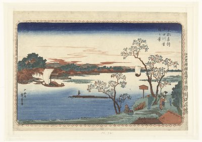 Kirsebærtræer i blade langs Sumida-floden Sumidagawa hazakura no kei (titel på objekt) Berømte steder i den østlige hovedstad (serietitel) Toto meisho (serietitel på objekt) af Hiroshige (I) , Utagawa