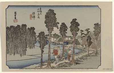 Namazu Nr. 13: Namazu: et af de treoghalvtreds bemærkede steder på Tokaido. Malet af Hiroshige (titel på objekt) De Tôkaidô van Hiroshige (serietitel) Hiroshige no fude Tôkaidô (serietitel på objekt) af Hiroshige (I) , Utagawa