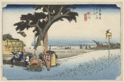 Theehuis in de buitenlucht i Fukuroi Fukuroi, dechaya no zu (titel på objekt) De 53 stations van de Tokaido (serietitel) Tokaido gojusan tsugi no uchi (serietitel) af Hiroshige (I) , Utagawa