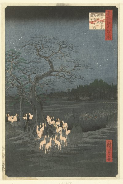 Foxfires nytårsaften ved Shozoku-nældetræet i Oji Oji Shozoku enoki omisoka no kitsunebi (titel på objekt) One Hundred Famous Faces på Edo (serietitel) Meisho Edo hyakkei (serietitel på objekt) af Hiroshige (I) , Utagawa