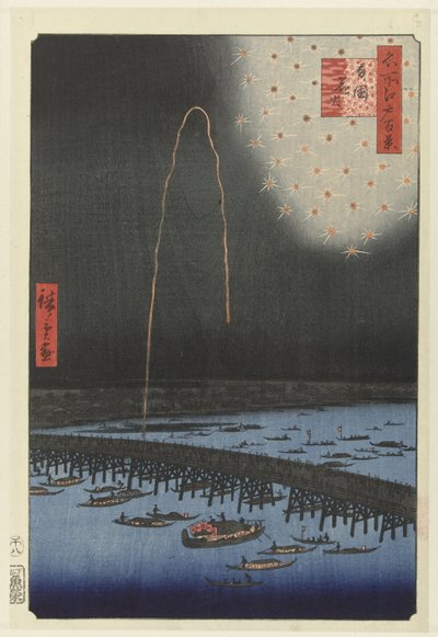 Fyrværkeri ved Ryogoku-broen Ryogoku hanabi (titel på objekt) One Hundred Famous Faces på Edo (serietitel) Meisho Edo hyakkei (serietitel på objekt) af Hiroshige (I) , Utagawa