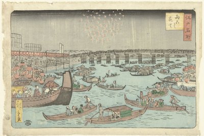 Fyrværkeri på Ryogoku Ryogoku hanabi (titel på objekt) Berømte steder i Edo (serietitel) Edo meisho (serietitel på objekt) af Hiroshige (II) , Utagawa