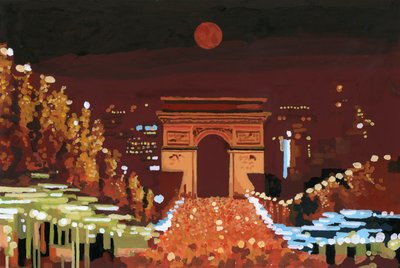 Arc de Triomphe og Champs Elysées om natten, 2015 (gouache på papir) af Hiroyuki Izutsu