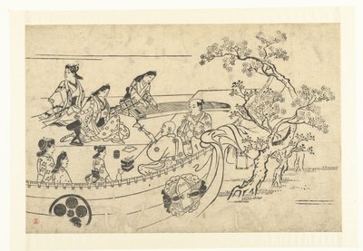 Musikskabende selskab under et kirsebærtræ At se Cherry Blossoms in Ueno (serietitel) Ueno hanami no tei (serietitel) af Hishikawa Moronobu (attributed to)