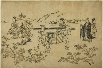 A Passing Palanquin, fra serien "Scenes of Flower-viewing at Ueno (Ueno hanami no tei)" af Hishikawa Moronobu