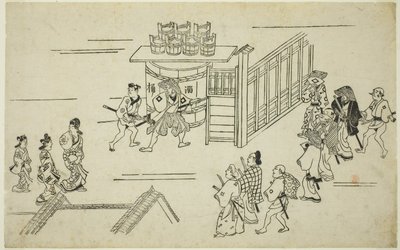 Entranse til Ageyacho, fra seriens "Tee Apperanse Of Yoshiwara (Yoshiwara no Tei)", ca. 1681-84 (Odbock-tryk; Sumizurie, Oban) af Hishikawa Moronobu