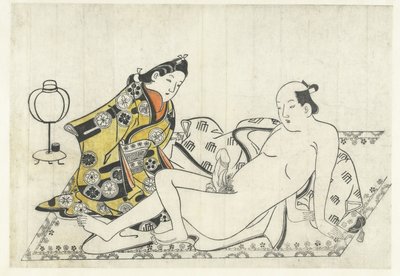 Ung kvinde og nøgen mand på tæppe af Hishikawa Moronobu