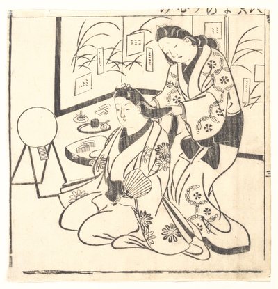 Blad fra en bog med titlen: Wakoku Hyakujo, hundrede japanske kvinder af Hishikawa Moronobu