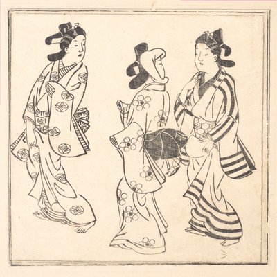 Blad fra en bog med titlen: Wakoku Hiaku-jo: Hundrede japanske kvinder af Hishikawa Moronobu