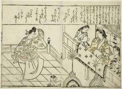 Shintokumaru Dancing before Oto Hime, fra den illustrerede bog "Collection of Pictures of Beautys (Bijin e-zukushi)" af Hishikawa Moronobu