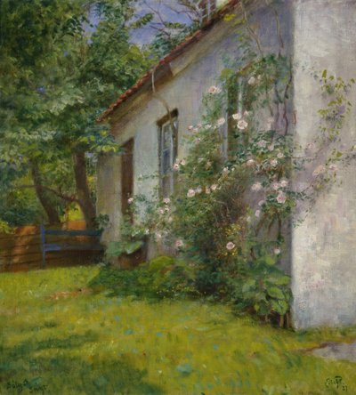 Hus med rosenbusk, Sandø af Hjalmer Eilif Emanuel Peterssen