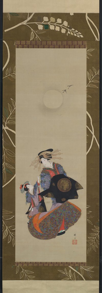 Beauty of the Yoshiwara med Apprentice in Moonlight, 1800-tallet. af Hokuba