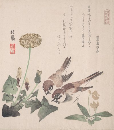 Spring Rain Collection Harusame shu, vol. 3: Spurve og mælkebøtter, ca. 1820., ca. 1820. af Hokuba