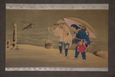 Monkey Showman og Porter in the Snow, 1800-tallet. af Hokuga