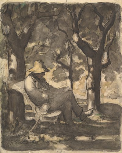 En mand læser i en have, 1825-79 (wc over sort kridt, pen og blæk, vask og farvekridt) af Honoré Daumier