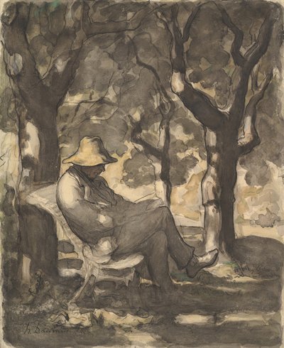 En mand læser i en have recto..., ca. 1865. af Honoré Daumier