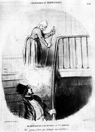 En lejer, der havde en glemsel den 1. januar. Hey! Jeg kan ikke smide mine klatrere! , taget fra "" Tenants et Owners", tegneserieserie af Honore Daumier (1808-1879). “Charivari” af Honoré Daumier