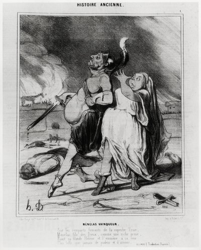 Oldtidshistorie: Vinder af Menelas, karikatur til illustration af et uddrag fra Iliaden af Homere: "På de røgfyldte volde i det fantastiske Troja, Menelas, gudernes søn, henriver som et rigt bytte sin blonde Helene og fører hende til sit hof Mere smuk end  af Honoré Daumier