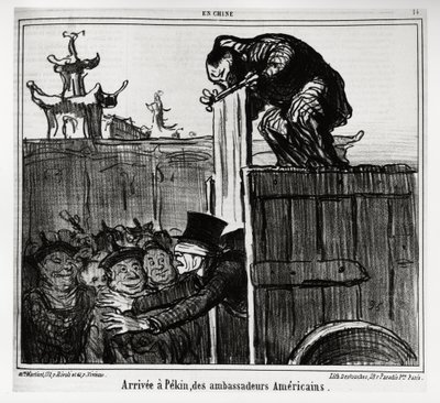Ankom til Pekin af amerikanske ambassadører. I serie En Chine, illustration af Honore Daumier (1808-1879), udgivet i "" Charivari"", dateret 13. oktober 1859. af Honoré Daumier