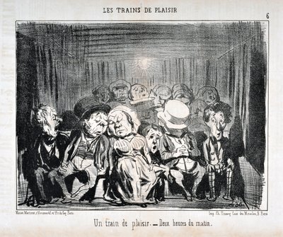 Kunstværk af Honore Daumier (1808-1879) Charivari-dato fra 1852: Serie LES TRAINS DE PLAISIR -Un train de plaisr. - Klokken to om morgenen. MUSEUM FOR DE FINE KUNST - PALACE LONGCHAMP, MARSEILLE af Honoré Daumier