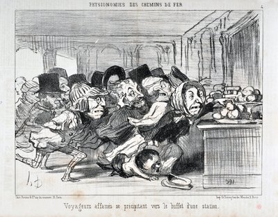 Kunstværk af Honore Daumier (1808-1879) Charivari stammer fra 1852: Serie PHYONOMIES DES CHAIN ​​​​DE FERR Sultne rejsende skynder sig til buffeten på en station MUSEE DES BEAUX ARTS - PALAIS LONGCHAMP, MARSEILLE af Honoré Daumier