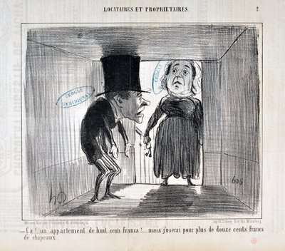 Kunstværk af Honore Daumier (1808-1879) Charivari stammer fra 1854: Serie TENNIQUES AND OWNERS "" Ca!... en lejlighed på otte hundrede francs!... men jeg vil bruge for mere end tolv hundrede francs hatte"" MUSEE DES BEAUX ARTS - PALAIS LONGCHAMP, MARSEILLE af Honoré Daumier