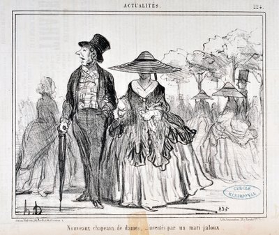 Kunstværk af Honore Daumier (1808-1879) Charivari stammer fra 1855: Serie Actualites "" Nye damehatte, opfundet af en jaloux mand "" MUSEE DES BEAUX ARTS - PALAIS LONGCHAMP, MARSEILLE af Honoré Daumier