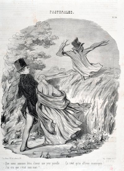 Kunstværk af Honore Daumier (1808-1879). Charivari går tilbage til 1845: Serie PASTORALES "" Hvor er vi gode til at have sådan en frygt... "Jeg troede, han var min mand!" KUNSTMUSEET - PALACE LONGCHAMP, MARSEILLE af Honoré Daumier