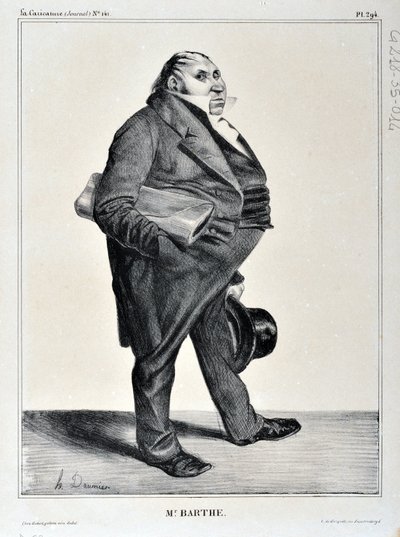 Kunstværk af Honore Daumier (1808-1879). Charivari stammer fra 1833: Serie Celebrites de la Caricature "" M. Barthe"" KUNSTMUSEUM - PALAIS LONGCHAMP, MARSEILLE af Honoré Daumier